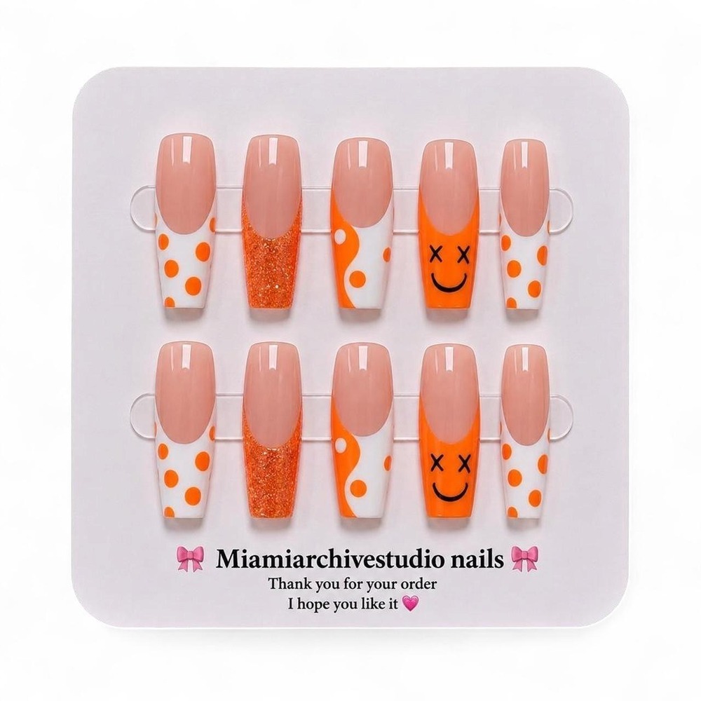 Orange Smiley Press-On Nail Set | Handmade Coffin Nails | Y2K Pop Art Nails
